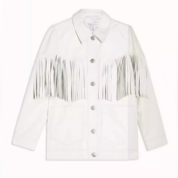 Topshop Roy fringed white leather jacket US size 12 - Picture 2 of 16